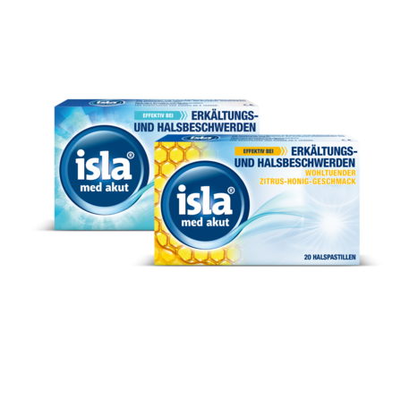 Isla Packshots mit isla<sup>®</sup> med akut und isla<sup>®</sup> med akut Zitrone-Honig