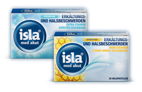 Isla Packshots mit isla<sup>®</sup> med akut und isla<sup>®</sup> med akut Zitrone-Honig 